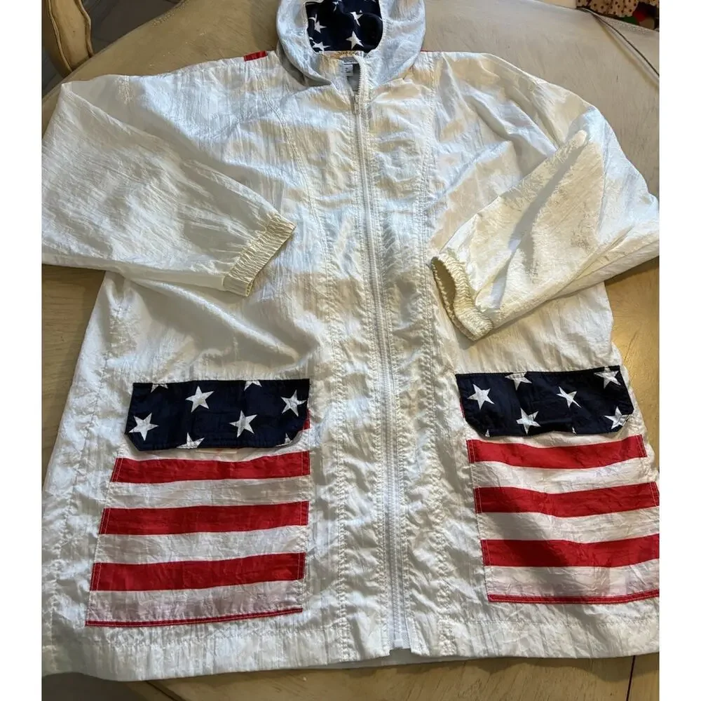 VTG 80s USA Flag Jacket Converts To Backpack Parachute Americana Stars Stripes L